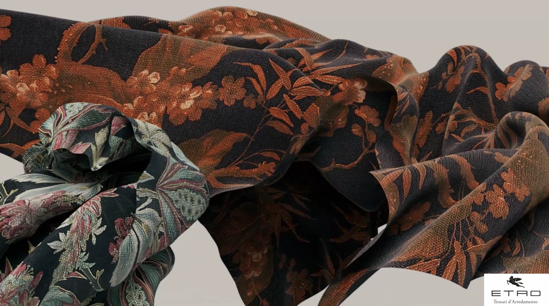 Etro Milano luxury designer floral furnishing fabric showcasing premium Italian textile craftsmanship for interiors in India